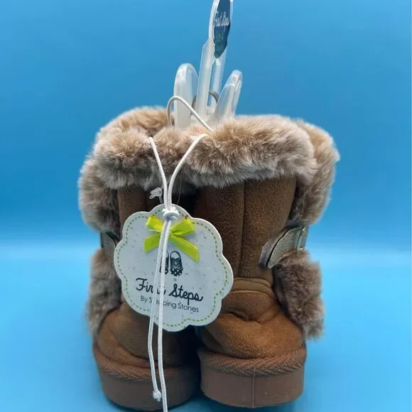 Brown Fur Suede Boots Size 4 Sparkle Buckle, First Steps - Picture 2 of 5